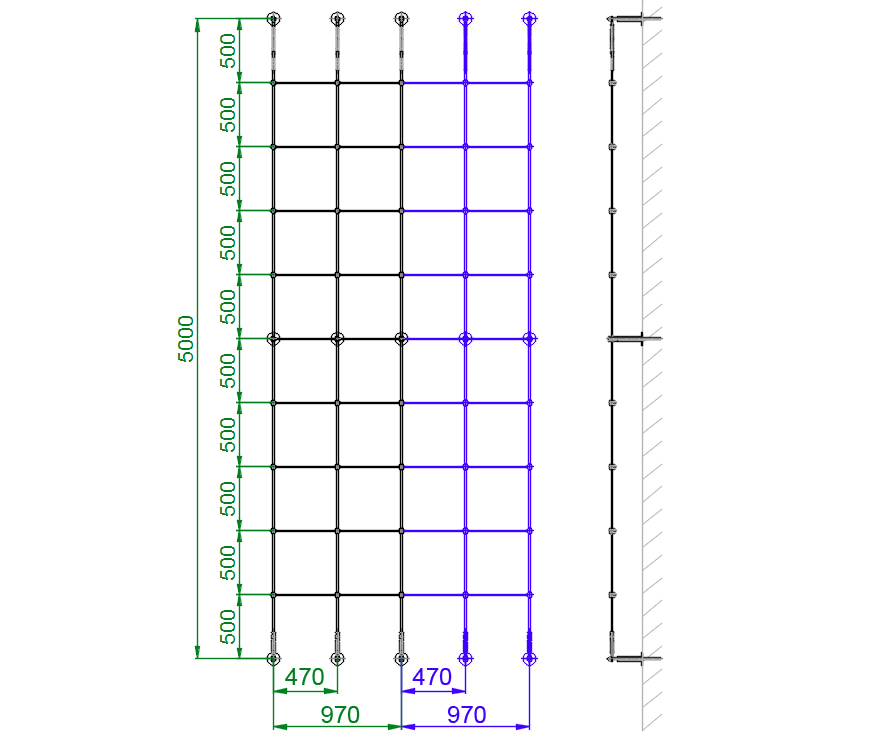 Schéma de montage du kit de support pour plantes grimpantes référence 700070 : 5 m x 2 m